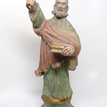 Antique Saint Peter Hand Carved Santos holding Key and Bible, Hand Painted Wood, Vintage Religious Folk Art, Hungary Artist Signed 