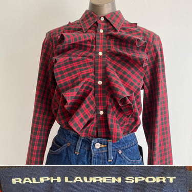 Vintage 1980s Ralph lauren tartan blouse, ruffled bodice, red and black plaid cotton, medium 38, preppy style, long sleeve, french cuffs 