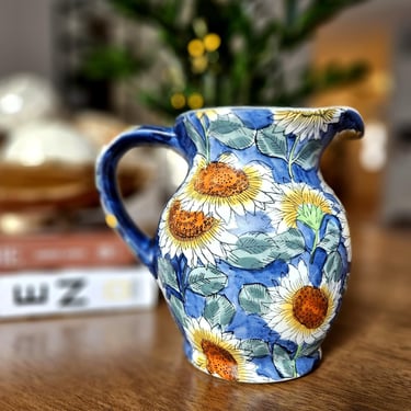 Beautiful Vintage Hand-Painted Ceramic Sunflower Pitcher Vase 