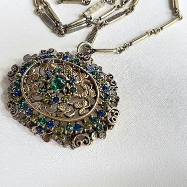 Vintage KRAMER Rhinestone Necklace / 1960s Signed Green & Blue Floral Pendant and Chain 
