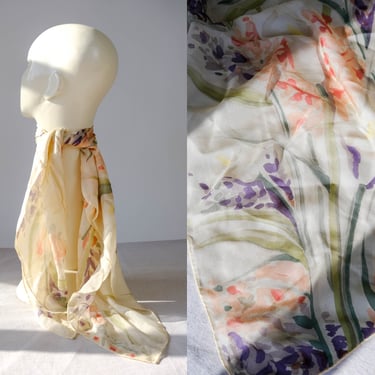 Vintage Ralph Lauren Ivory Silk Hand Rolled Scarf w/ Soft Pastel Watercolor Floral Print | 100% Silk | Large 34x35 | RL Designer Silk Scarf 