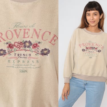 Fleurs de Provence Sweatshirt 90s Express Embroidered Floral Sweatshirt Flower Graphic Shirt Tan Ringer Sweater Vintage 1990s Extra Small xs 