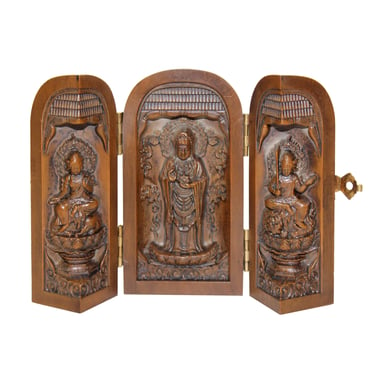 Chinese Foldable Wood Carved Kwan Yin Buddha Display Figure ws718E 