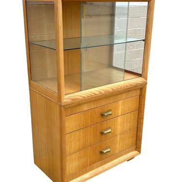 Mid Century Birch Curio Cabinet w/ Bronze Pulls 