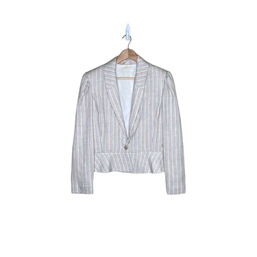 Vintage 70's White Handmade Puff Sleeve Candy Striped Blazer Jacket, Size 40 Bust 