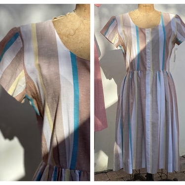 Perfect Vintage Summer Dress / 80's Stripe Button Up Dress Dress / Taupe Yellow White and Blue Stripes / 50's Style Dress 