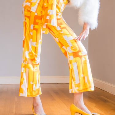 70’s Sunshine Bright Yellow Psychedelic Scroll Print 3 Piece Set Bell Bottom Pants Cowl Neck Top and Tie