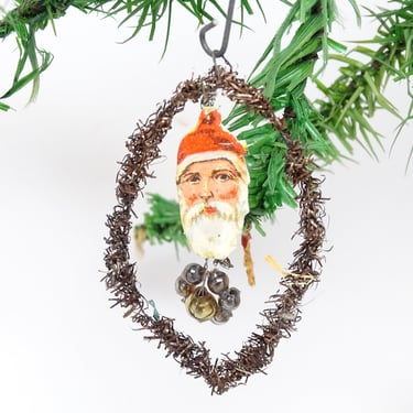 Small Early 1900's Feather Christmas Tree Ornament, Vintage Santa Claus Face Scrap with Tinsel and Mercury Glass Beads 
