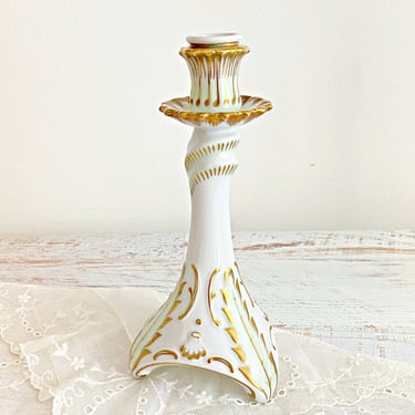 Vintage porcelain candlestick holder by Hollohaza Hungary. Fine china single candle holder for shabby cottage chic table top decor. 