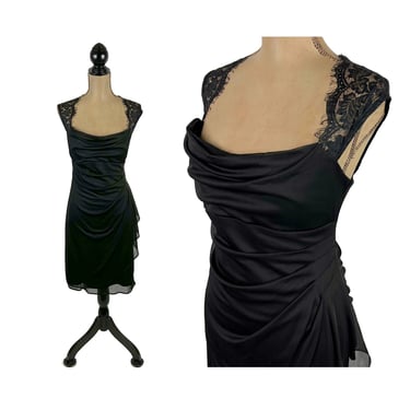 M-L Y2K Fitted Black Cocktail Dress, Midi Sleeveless Low Cut with Lace Straps, Open Back Ruched Sheer Overlay, 2000s Clothes Women Vintage 