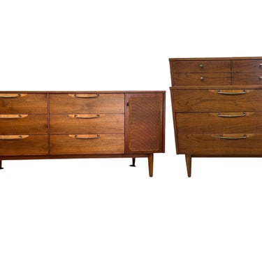 Free shipping within continental US - Vintage Mid Century Modern Solid Walnut Dresser Set Brass Hardware by Lane Furniture Altavista Line 