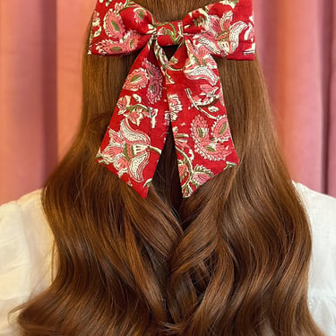 Red Floral Block Print Hair Bow