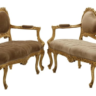Settees, French Regence Style, Carved Giltwood, Upholstered, Set of Two, Pair!
