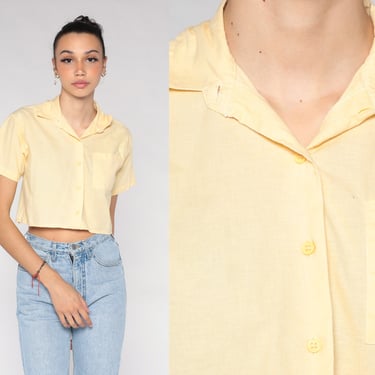 90s Crop Top Pale Yellow Cropped Collared Shirt Button Up Blouse Retro Pocket Short Sleeve Basic Plain Simple Summer Vintage 1990s Small S 