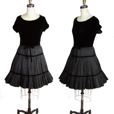 1950s Dress ~ Black Velvet Bodice with Broomstick Pleat Tiered Full Skirt 