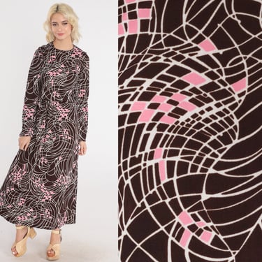 Psychedelic Dress 70s Maxi Dress Brown Long Sleeve High Waisted Pink White Abstract Opart Print Retro Formal Mod Vintage 1970s Small Medium 