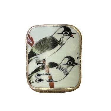 3.5" Chinese Old White Base Birds Graphic Porcelain Art Pewter Box ws3949E 