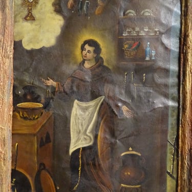 Vintage San Pasqual Retablo,  Antique Oil on Tin in Wood Frame, Patron Saint of Kitchens,  Religious Church Folk Art 