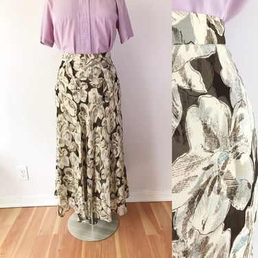 SIZE 16 / 1X Vintage Brown Floral Midi Skirt - Swishy Vintage Neutral Skirt - Silk Plus Size Vintage Skirt Midi 