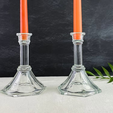 Pair of HOMECO Clear Glass Candlesticks, Set of 2 Vintage Candleholders for Tapers 