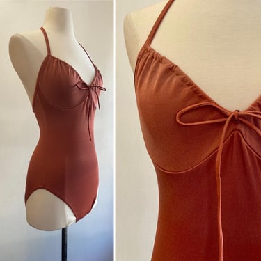 Vintage 70s Swimsuit / Sea Dreams by Maidenform / One-Piece + Underwire + Bow / Body Suit / Rust Color 