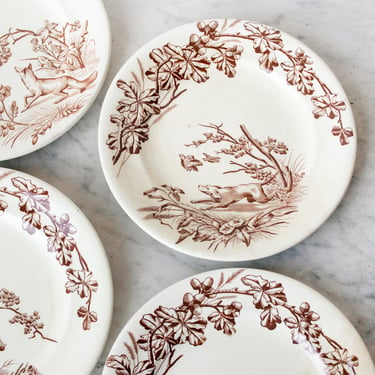 Vintage Brown Transferware Plate with Animals Set of 12