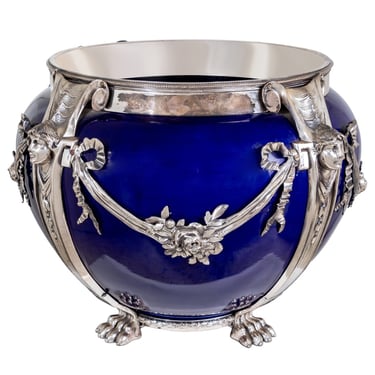 French Silver Plate and Blue Porcelain Jardiniere