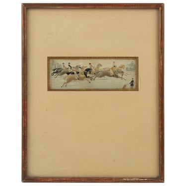 Framed Silk Embroidery Art Work Horse Race, France 19th Century