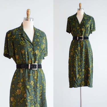 green midi dress 90s vintage floral button down oversized dress 