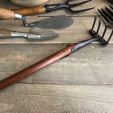 Rustic English Garden Tool, Hand Rake, Iron, Wood, Makers Mark, Planting Tool, Farmhouse, Gardening 