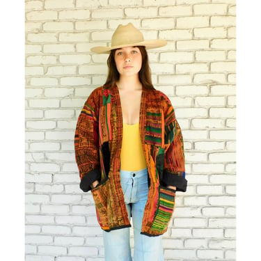 Ikat Embroidered Jacket // blanket rainbow blouse boho hippie dress Guatemalan southwestern oversize 70s // O/S 