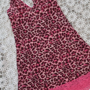 Vintage 2000s Hot Pink Leopard Print Lace Slip Dress