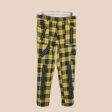 Vintage Mens Yellow Black Plaid Mid Rise Fall Winter Punk CargoPants Size 36W 32L Straight Leg Rocker Pants Holiday Outerwear Streetwear 