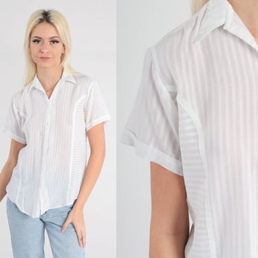 90s Sheer Blouse White Striped Top Button Up Shirt Vintage Dagger Collar Short Sleeve Shirt 1990s Clueless Small S 