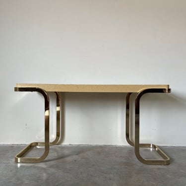 Postmodern Beige Grasscloth and Brass Legs Sofá Consolé Table 