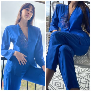 Royal Blue 80s All Silk Suit two piece SET By Bellissima M 