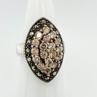 Vintage Champagne Crystal Marcasite Sterling Silver Ring Marquise Shape Sz 8.25 