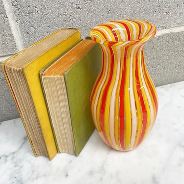 Vintage Vase Retro 2000 Hand Blown Glass + Clear + Red and Yellow Stripe + Murano Style + Art Glass + Sculpture + Home Accent and Decor 