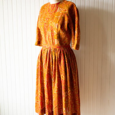 Vintage 1960s Burnt Orange Paisley Sheath Dress Small