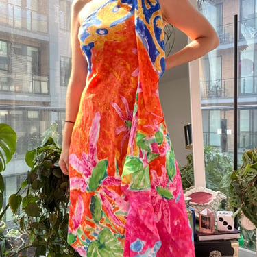 Vintage Ralph Lauren 100% Silk Tropical Floral One Shoulder Dress