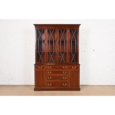 Kittinger Georgian Banded Mahogany Lighted Breakfront Bookcase Cabinet