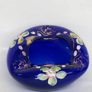 Cobalt Blue and Gold Hand Painted Flowers Czech Bohemian Glass Ashtray 3011B