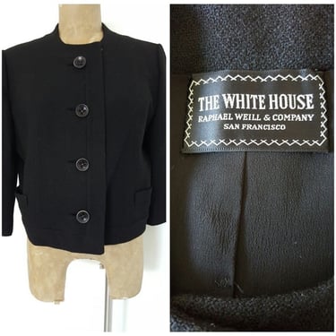 Vintage 30s Black Wool Blazer Size Medium Cropped Suit Coat Jacket White House