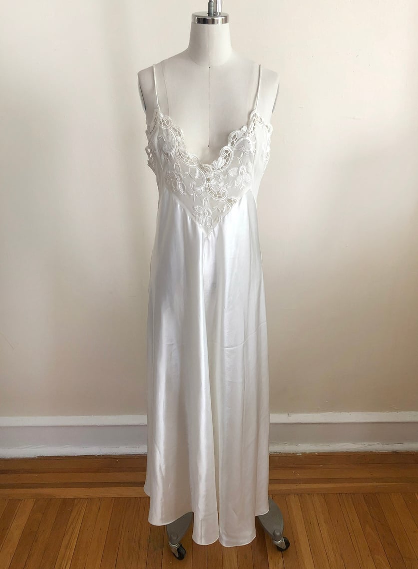 White Satin Maxi-Slip with Matching Sheer Robe/Kimono - 1980s | Logan's ...