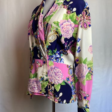 Beautiful 100% silk blouse floral with jewelry print lovely Dana Buchman design size 4 
