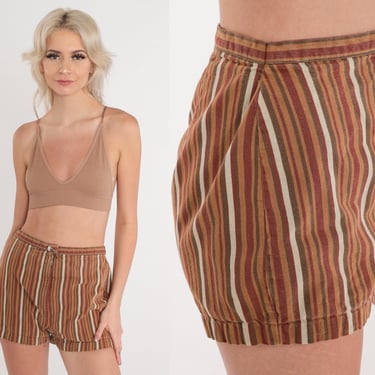 Brown Striped Shorts 60s Trouser Shorts High Waisted Rise Retro Summer Pin Up Hot Pants Cotton Mod Red Green Cream Boho Vintage 1960s XS 25 