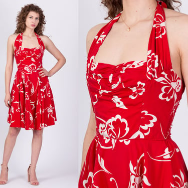 Vintage 40s 50s Red Tropical Floral Halter Day Dress - XS to Small | Paradise Hawaii Boho Fit & Flare Ruched Summer Midi Sundress 