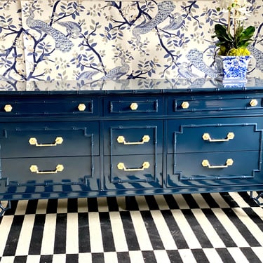 Lacquered Faux Bamboo Dresser in Blue  - 