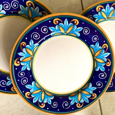 Individual Vintage Deruta Italian Majolica Cobalt ,Yellow,White Pottery 11.5” Charger Dinner Plates~ Hand Painted Excellent Condition, Italy 