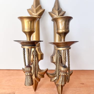 Pair of Petite Brass Arrow and Rope Tassel Wall Sconces.  Vintage Brass Wall Decor. Pair of Matching Candle Sconces for Wall. 
